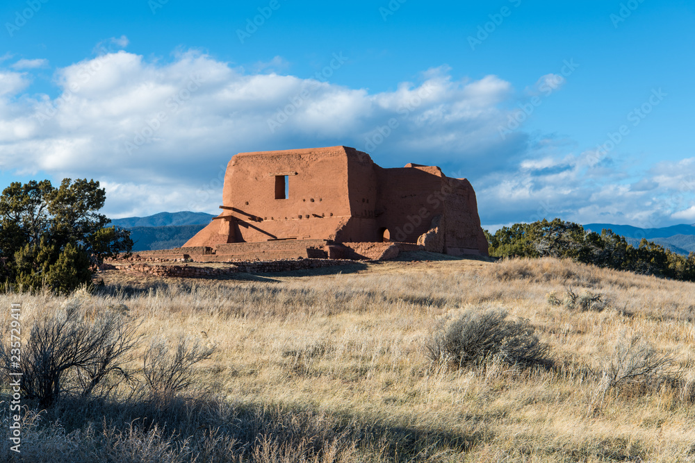 Naklejka premium Ruiny starego hiszpańskiego kościoła misyjnego adobe na trawiastej łące w Narodowym Parku Historycznym Pecos w pobliżu Santa Fe w Nowym Meksyku