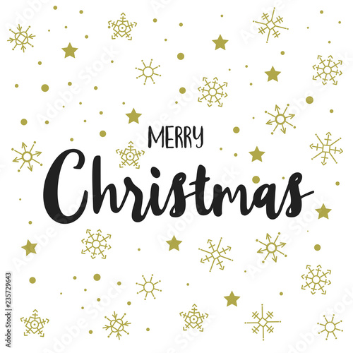 Merry Christmas card with gold snowflakes and stars on white background