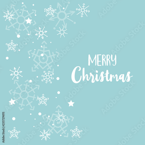 Merry Christmas greeting card with snowflakes and stars on blue background. Winter holidays