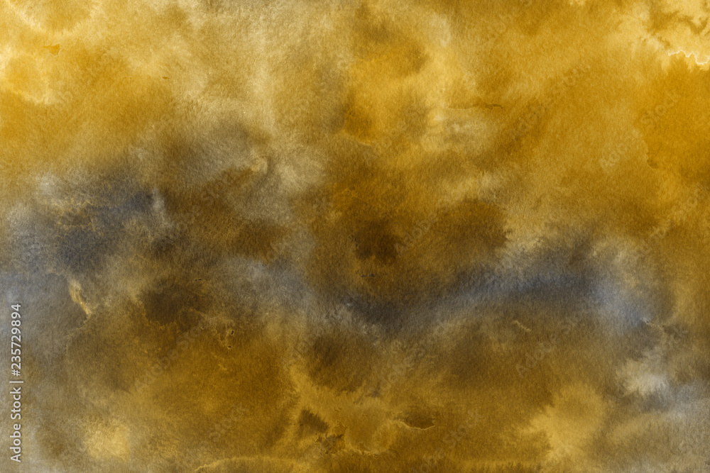 Gold watercolor texture with abstract washes and brush strokes on the white paper background.