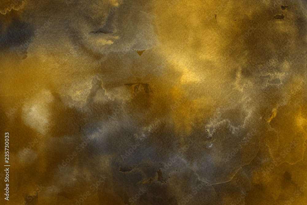 Gold watercolor texture with abstract washes and brush strokes on the white paper background. Gold watercolor texture with abstract washes and brush strokes on the white paper background.