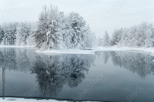 Reflection from lake shore in water surface, winter season with unfrozen lake at overcast frost day