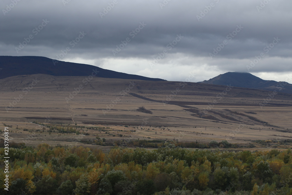 Mountains and forest under black clouds