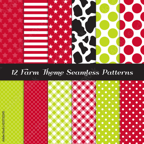 Farm Theme Seamless Patterns: Cow Print, Apple Green and Red Gingham, Polka Dots, Stripes and Stars. Perfect for Food Packaging. Vector Pattern Tile Swatches Included