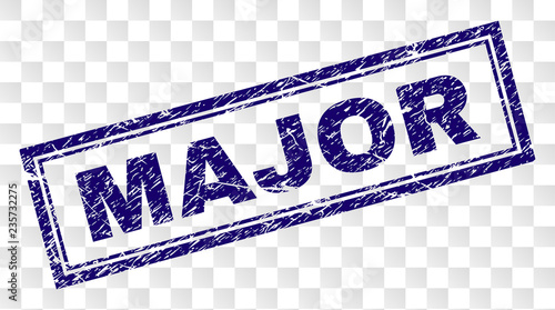 MAJOR stamp seal watermark with rubber print style and double framed rectangle shape. Stamp is placed on a transparent background. Blue vector rubber print of MAJOR text with unclean texture.