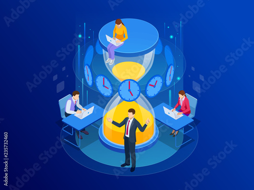 Isometric Effective time management concept. Business people plans and organizes working time, deals deadlines, achieve goals.