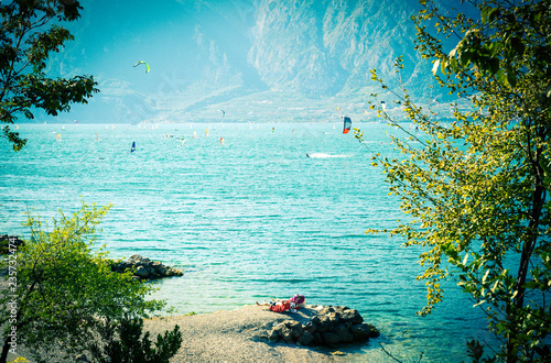 Garda lake, Malcesine on Garda lake in northern Italy. photo in style lomography.