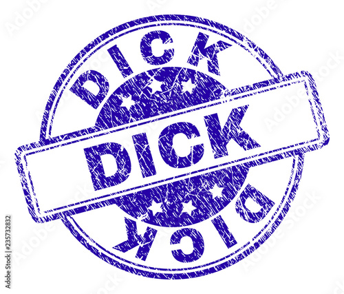 DICK stamp seal imprint with distress texture. Designed with rounded rectangles and circles. Blue vector rubber print of DICK caption with retro texture.