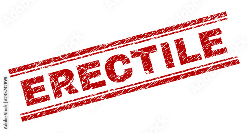 ERECTILE seal stamp with distress texture. Red vector rubber print of ERECTILE label with dust texture. Text label is placed between double parallel lines.