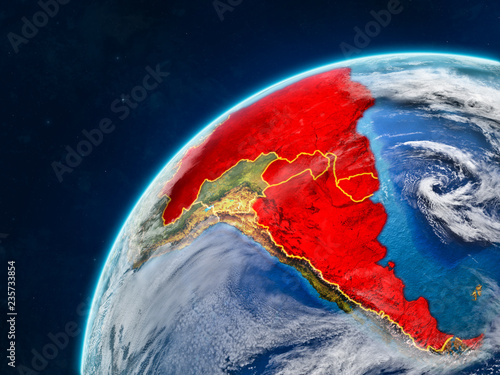 Mercosur memebers on realistic model of planet Earth with country borders and very detailed planet surface and clouds. photo