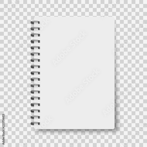 Notebook mockup, with place for your image, text or corporate identity details. Blank mock up with shadow on transparent background. Vector illustration. photo