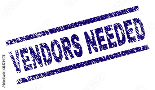 VENDORS NEEDED seal print with scratced style. Blue vector rubber print of VENDORS NEEDED text with retro texture. Text title is placed between parallel lines.