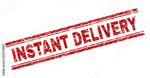 INSTANT DELIVERY seal print with grunge texture. Red vector rubber print of INSTANT DELIVERY label with retro texture. Text label is placed between double parallel lines.