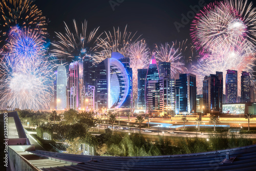 Beautiful fireworks above West Bay and Doha City  Qatar