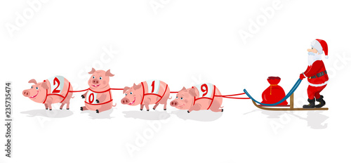 Dogs sled team and santa with chrismas red bag.