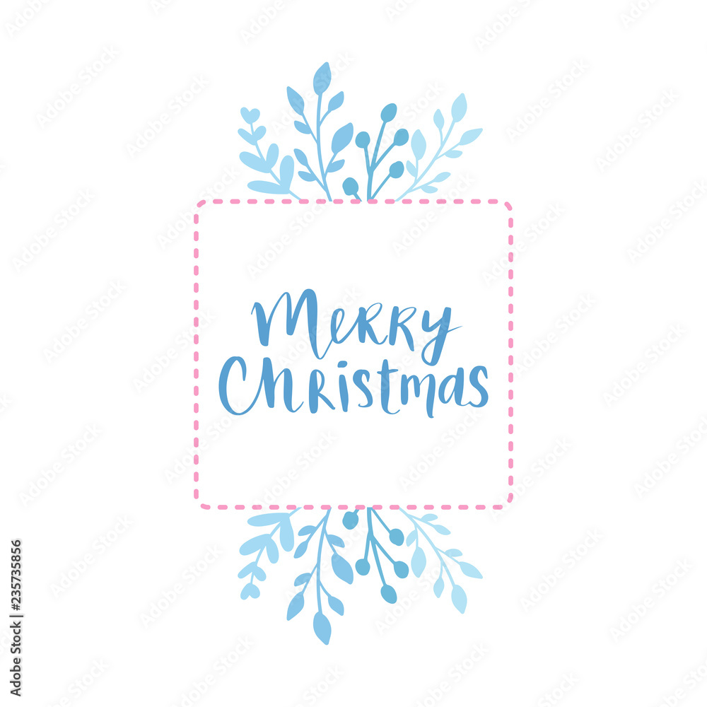 Merry Christmas and Happy New Year vector card. Frame, border with leaves and branches.