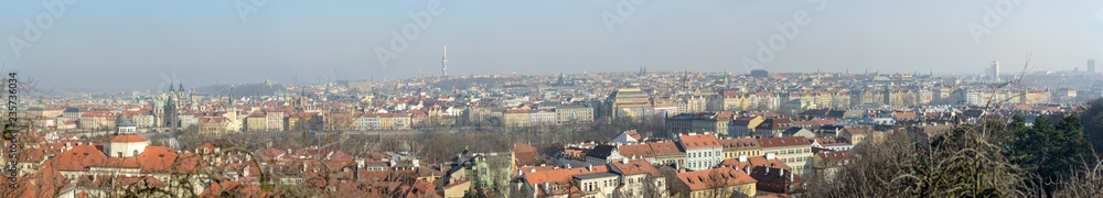 Panorama of Prague in sunlight of winter afternoon, Czech Republic.