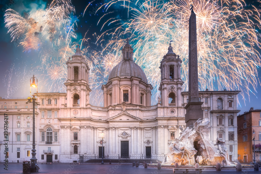 Beautiful fireworks above Fountain of Four Rivers and Navona square, Rome