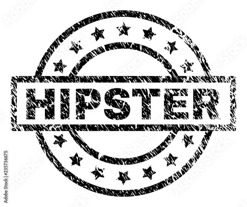 HIPSTER stamp seal watermark with distress style. Designed with rectangle, circles and stars. Black vector rubber print of HIPSTER title with unclean texture.