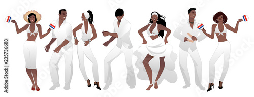 Salsa Party Time. Group of three men and four women dancing latin music. Two girls playing maracas and man playing the Claves. Group isolated on white background
