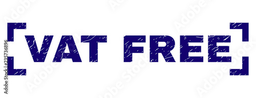 VAT FREE title seal stamp with distress texture. Text title is placed between corners. Blue vector rubber print of VAT FREE with unclean texture.