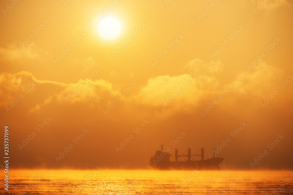 Sunrise over the sea with sailing cargo ship. Transportation. Logistics. Shipping.
