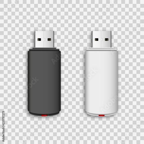 Vector isolated USB pen drives, black and white flash disks on transparent background photo