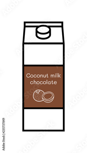 Vector line icon of flavored vegan chocolate coconut milk isolated on a white background. Plant based non dairy alternative. Icon of carton box with screw cap and label with illustration of coconut.