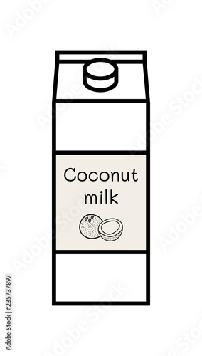 Vector line icon of vegan coconut milk isolated on a white background. Plant based non dairy alternative. Black icon of carton box with screw cap and with label with illustration of coconut.