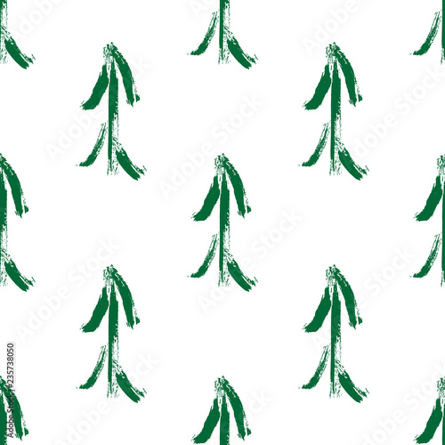 Hand drawn green ink fir tree. Vector illustration on white background. Seamless pattern