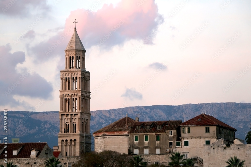 Saint Domnius bell tower and cathedral in Split, Croatia during sunset. Split is popular travel destination in Croatia.