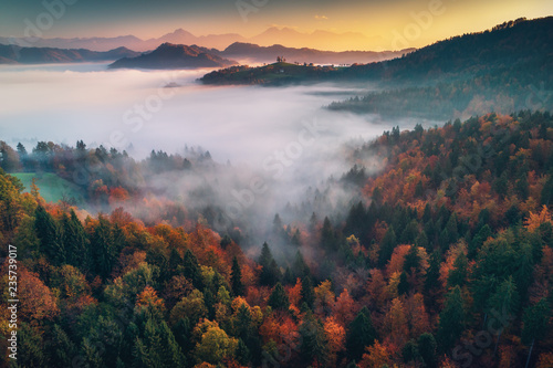 Aerial drone view of Saint Tomas church, Slovenia. Morning mist in the forest.
