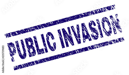 PUBLIC INVASION seal print with distress style. Blue vector rubber print of PUBLIC INVASION text with corroded texture. Text label is placed between parallel lines.