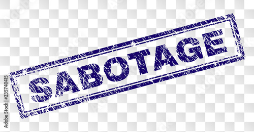 SABOTAGE stamp seal print with rubber print style and double framed rectangle shape. Stamp is placed on a transparent background. Blue vector rubber print of SABOTAGE title with dirty texture.