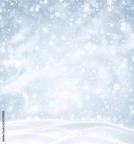Blue background with winter landscape, snowflakes and blizzard. © Vjom