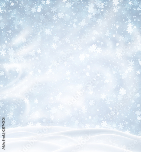 Blue background with winter landscape, snowflakes and blizzard.