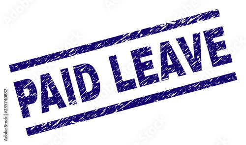 PAID LEAVE seal print with distress style. Blue vector rubber print of PAID LEAVE text with grunge texture. Text caption is placed between parallel lines.
