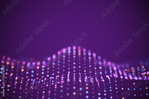 Abstract digital landscape or soundwaves with flowing particles. Big data technology background. Visualization of sound waves. Virtual reality concept: 3D digital surface. EPS 10 vector illustration.