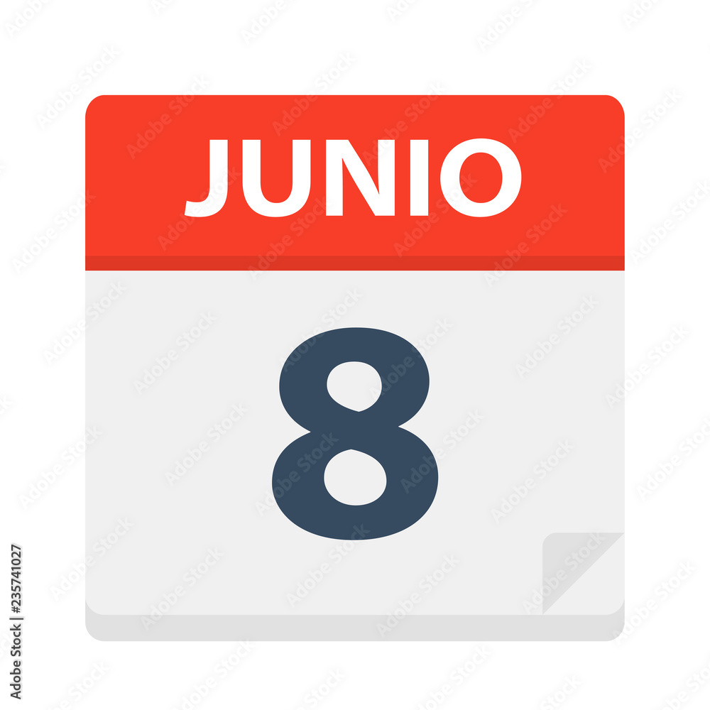 Junio 8 - Calendar Icon - June 8. Vector illustration of Spanish Calendar Leaf Junio 8 - Calendar Icon - June 8. Vector illustration of Spanish Calendar Leaf