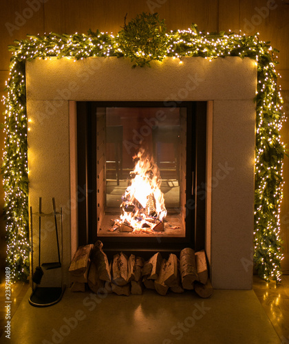 Christmas lights on the fire place