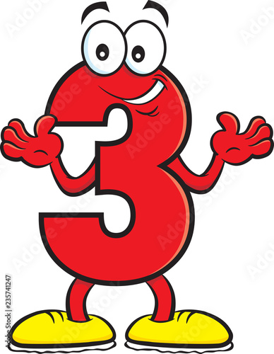 Cartoon illustration of a number three with it's hands up.