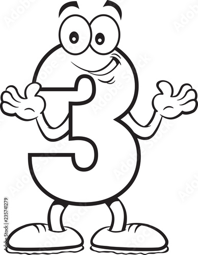 Black and white illustration of a number three with it s hands up.