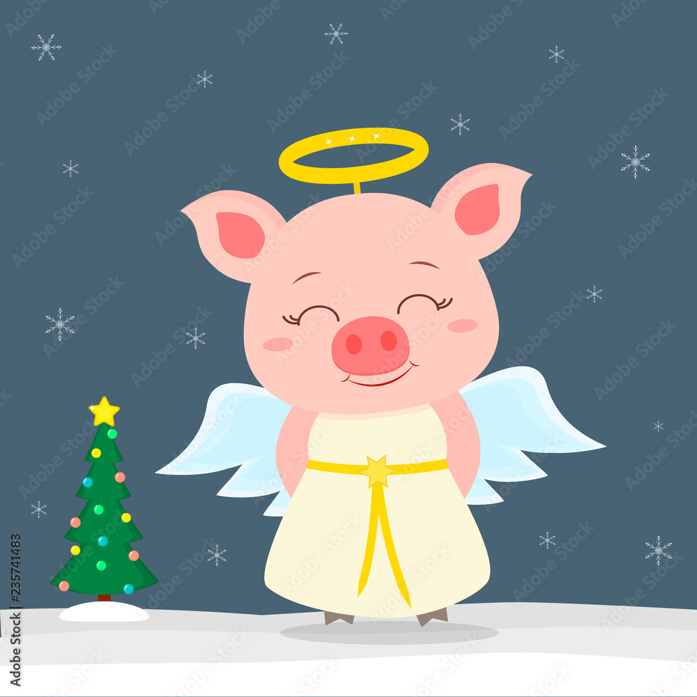 Happy New Year and Merry Christmas greeting card. Cute little pigs in angel costume. Christmas tree in winter. The symbol of the new year in the Chinese calendar. Vector Happy New Year and Merry Christmas greeting card. Cute little pigs in angel costume. Christmas tree in winter. The symbol of the new year in the Chinese calendar. Vector