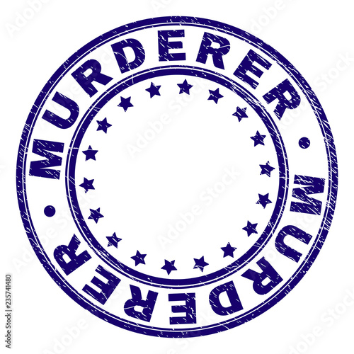 MURDERER stamp seal imprint with grunge texture. Designed with round shapes and stars. Blue vector rubber print of MURDERER label with dirty texture.