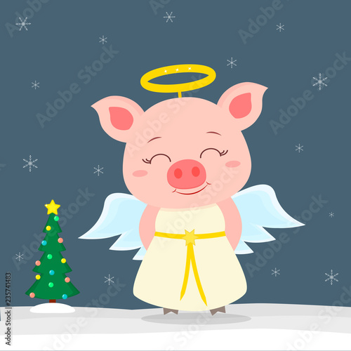 Happy New Year and Merry Christmas greeting card. Cute little pigs in angel costume. Christmas tree in winter. The symbol of the new year in the Chinese calendar. Vector