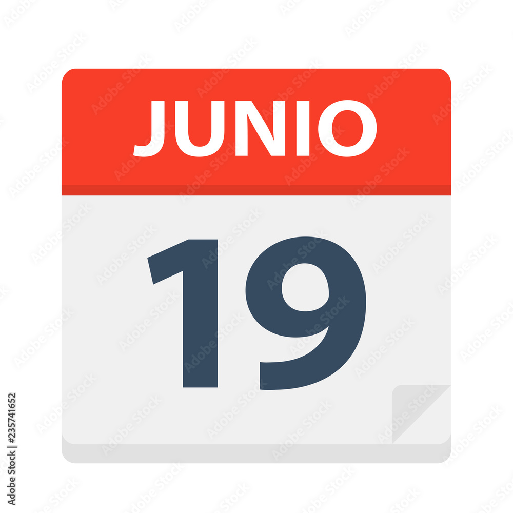 Junio 19 - Calendar Icon - June 19. Vector illustration of Spanish Calendar Leaf Junio 19 - Calendar Icon - June 19. Vector illustration of Spanish Calendar Leaf