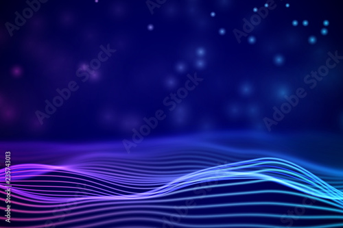 3D Sound waves with floating particles. Data abstract visualization. Digital concept: virtual landscape. Futuristic background. Colored sound waves, audio waves equalizer, EPS 10 vector illustration