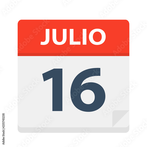 Julio 16 - Calendar Icon - July 16. Vector illustration of Spanish Calendar Leaf