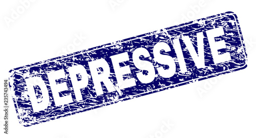 DEPRESSIVE stamp seal print with grunge texture. Seal shape is a rounded rectangle with frame. Blue vector rubber print of DEPRESSIVE caption with grunge style.