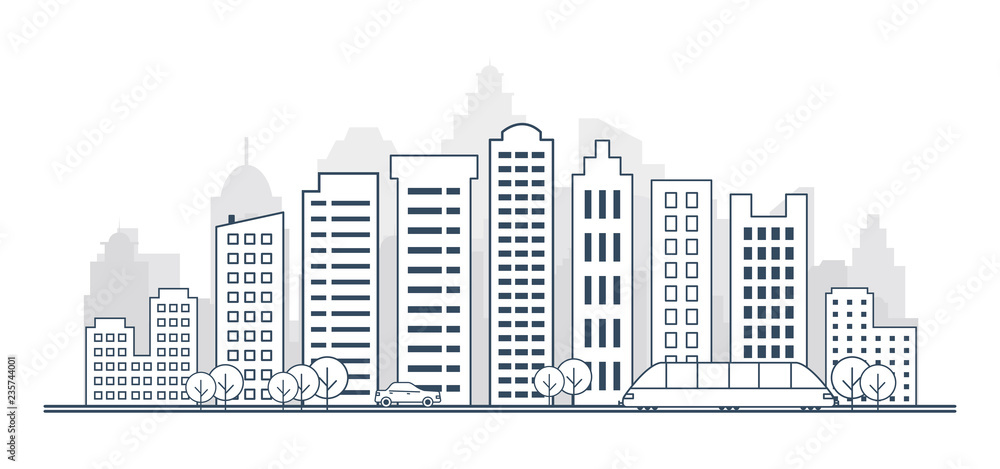 Thin line style city skyline. landscape with buildings, streets, cars, trees and trains. Panorama of city skyline.